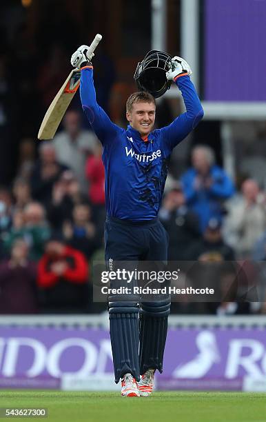 Jason Roy of England celebrates reaching his century during the 4th Royal London ODI between England and Sri Lanka at The Kia Oval on June 29, 2016...