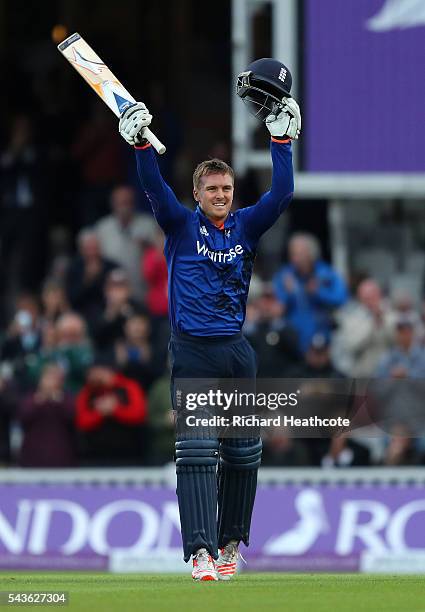 Jason Roy of England celebrates reaching his century during the 4th Royal London ODI between England and Sri Lanka at The Kia Oval on June 29, 2016...