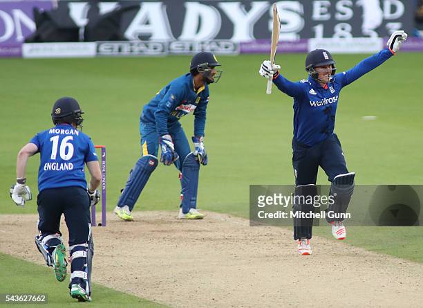 Jason Roy of England celebrates scoring a century during the 4th Royal London One-Day International between England and Sri Lanka at The Kia Oval...