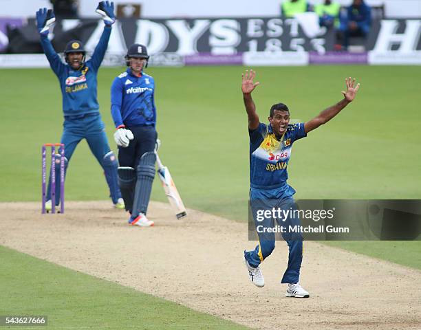 Farveez Maharoof of Sri Lanka makes an unsuccessful appeal for a wicket during the 4th Royal London One-Day International between England and Sri...