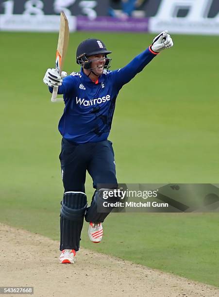 Jason Roy of England celebrates scoring a century during the 4th Royal London One-Day International between England and Sri Lanka at The Kia Oval...