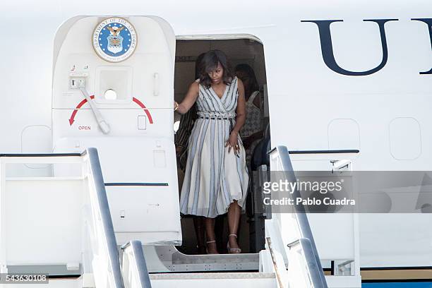 First Lady Michelle Obama arrives at Torrejon Air Force Base on June 29, 2016 in Madrid. The First Lady will deliver a speech on Let Girls Learn to...