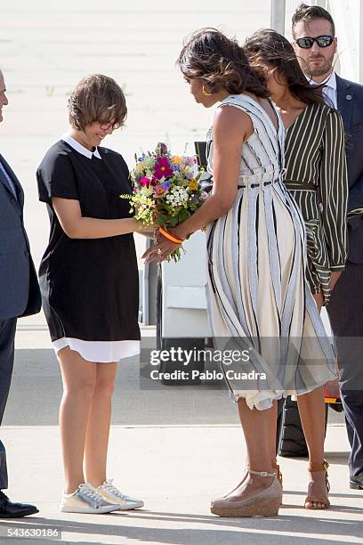 First Lady Michelle Obama arrives at Torrejon Air Force Base on June 29, 2016 in Madrid. The First Lady will deliver a speech on Let Girls Learn to...
