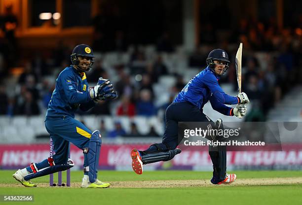 Jason Roy of England cuts the ball away during the 4th Royal London ODI between England and Sri Lanka at The Kia Oval on June 29, 2016 in London,...
