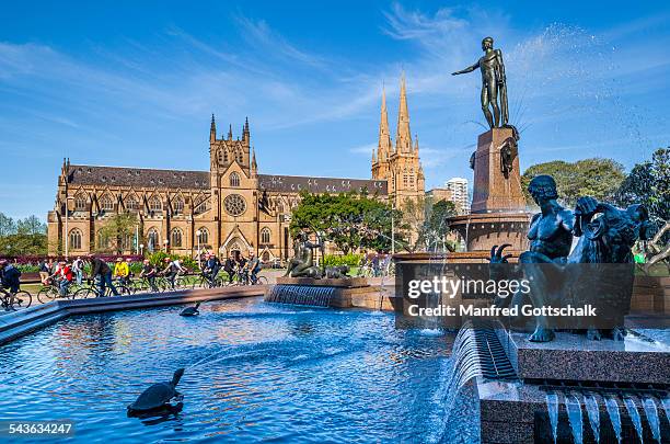 st. mary's cathedral & archibald fountain - archibald fountain stock pictures, royalty-free photos & images