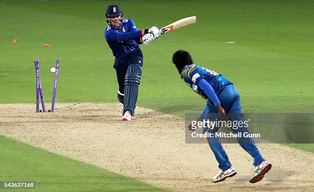 Jason Roy of England is bowled out by Nuwan Pradeep of Sri Lanka during the 4th Royal London One-Day International between England and Sri Lanka at...