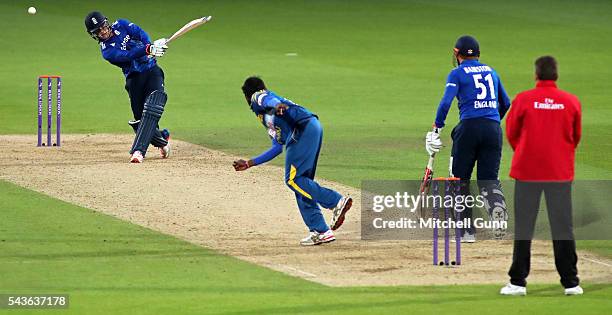 Jason Roy of England hits the ball for four runs off the bowling of Nuwan Pradeep of Sri Lanka during the 4th Royal London One-Day International...