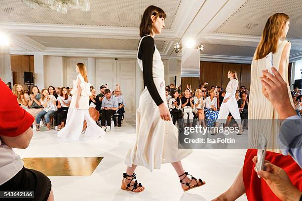 Model walks the runway at the Malaikaraiss defilee during the Der Berliner Mode Salon Spring/Summer 2017 at Kronprinzenpalais on June 28, 2016 in...