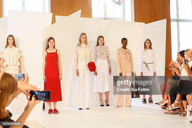 Models at the runway at the Malaikaraiss defilee during the Der Berliner Mode Salon Spring/Summer 2017 at Kronprinzenpalais on June 28, 2016 in...