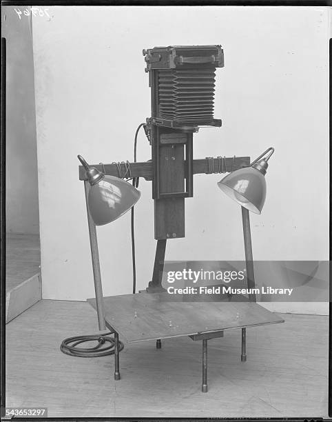 View of the camera stand for photographing herbarium specimens as used by the Field Museum's Botany Department, Chicago, Illinois, 1932.