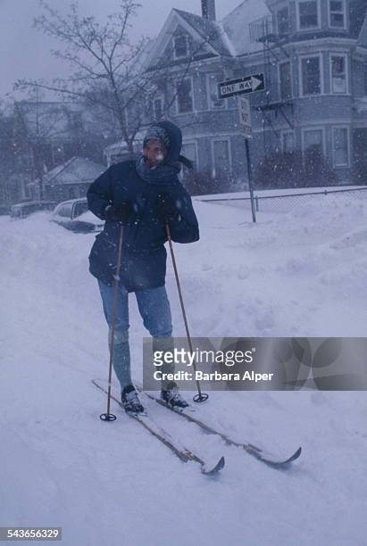 Woman cross country skiing in Cambridge, Massachusetts, during the 'Blizzard of '78', February 1978.