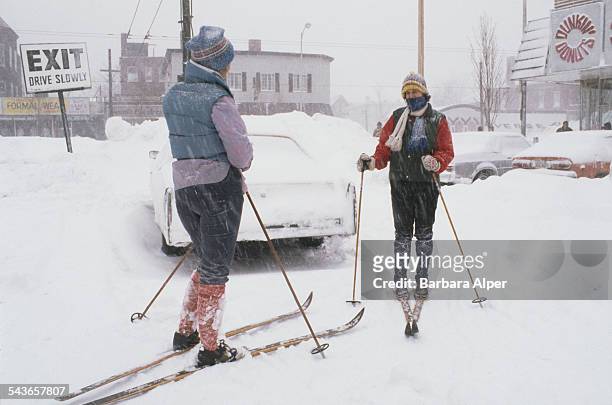 Cross country skiing at the Porter Square Shopping Center in Cambridge, Massachusetts, during the 'Blizzard of '78', February 1978.