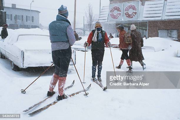 Cross country skiing at the Porter Square Shopping Center in Cambridge, Massachusetts, during the 'Blizzard of '78', February 1978.