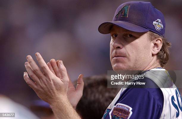 Curt Schilling of the Arizona Diamondbacks looks on during game six of the World Series against the New York Yankees at Bank One Ballpark in Phoenix,...