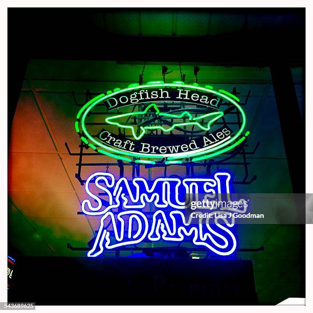 Dog Fish Head & Samuel Adams Neon signs at night in Wilmington, Delaware on 3/10/2015