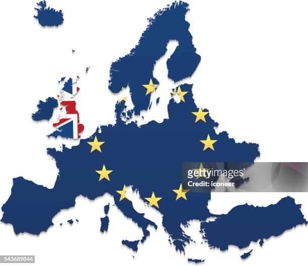 illustrazioni stock, clip art, cartoni animati e icone di tendenza di unione europea e regno unito la mappa su sfondo bianco - british and eu flag