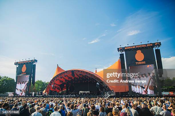 Syrian National Orchestra For Arabic Music With Damon Albarn And Guests performs on the Orange stage during Roskilde Festival 2016 on June 29, 2016...