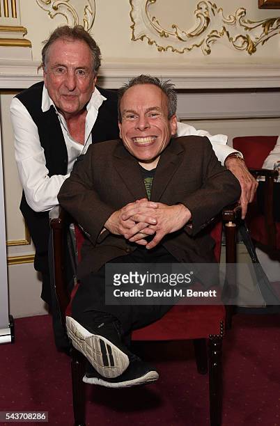 Eric Idle and Warwick Davis attend the world premiere concert performance of "Eugenius!" at The London Palladium on June 29, 2016 in London, England.