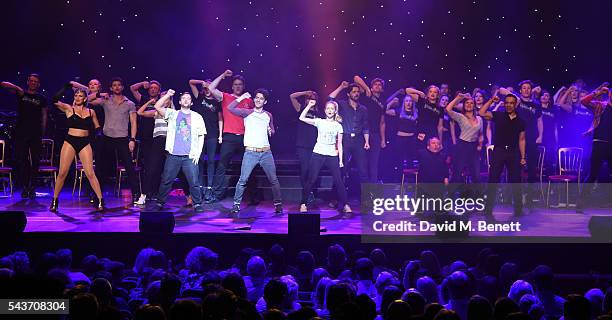 Cast members take the curtain call at the world premiere concert performance of "Eugenius!" at The London Palladium on June 29, 2016 in London,...