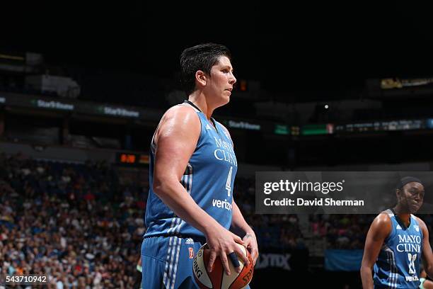 Janel McCarville of the Minnesota Lynx is seen against the New York Liberty on June 29, 2016 at Target Center in Minneapolis, Minnesota. NOTE TO...