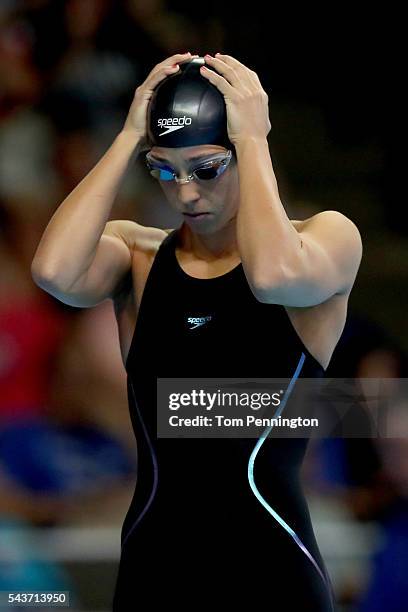 Maya DiRado of the United States prepares to compete in a final heat for the Women's 200 Meter Individual Medley during Day Four of the 2016 U.S....