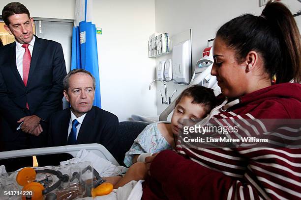 Opposition Leader, Australian Labor Party Bill Shorten visits with Brant Neho, 3 and mother Kowhai Neho at the Childrens Ward at Logan Hospital on...