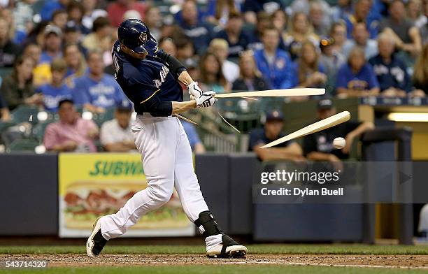 Ryan Braun of the Milwaukee Brewers breaks his bat in the fifth inning against the Los Angeles Dodgers at Miller Park on June 29, 2016 in Milwaukee,...