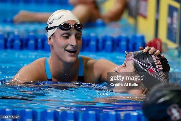 Leah Smith and Missy Franklin of the United States react after competing in a final heat for the Women's 200 Meter Freestyle during Day Four of the...