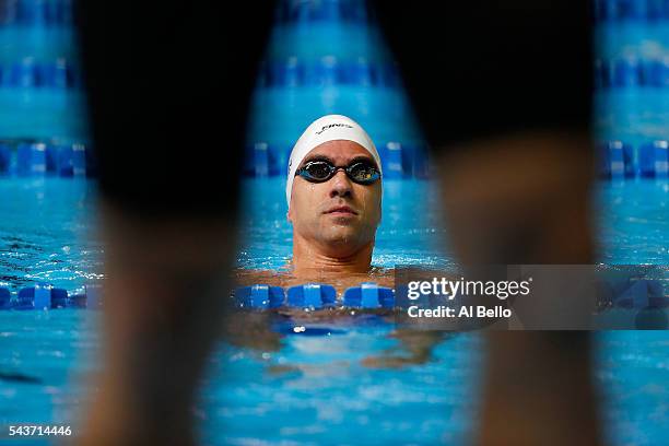 Anthony Ervin of the United States looks on after competing in a semifinal heat for the Men's 100 Meter Freestyle during Day Four of the 2016 U.S....