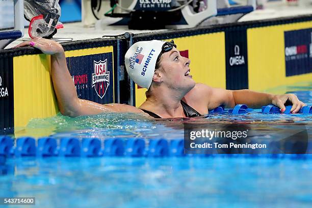 Allison Schmitt of the United States reacts after competing in a final heat for the Women's 200 Meter Freestyle during Day Four of the 2016 U.S....