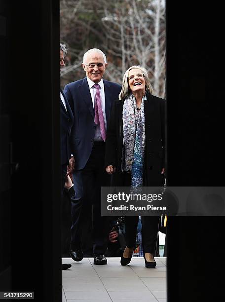 Prime Minister Malcolm Turnbull and his wife Lucy Turnbull arrive to delivers his election address to the National Press Club on June 30, 2016 in...