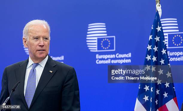 Brussels, Belgium, February 6, 2015. -- US Vice President Joseph Robinette "Joe" Biden, Jr is welcome by the President of the EU Council prior to a...
