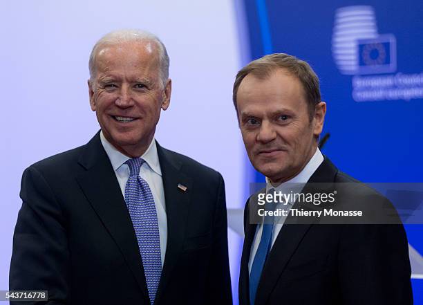 Brussels, Belgium, February 6, 2015. -- US Vice President Joseph Robinette "Joe" Biden, Jr is welcome by the President of the EU Council Donald Tusk...