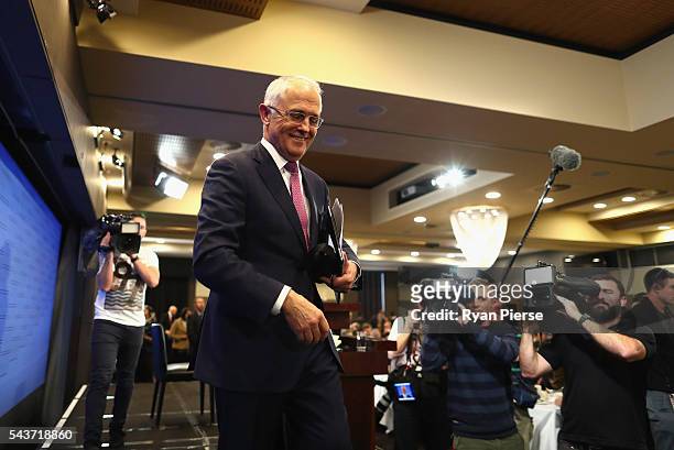 Prime Minister Malcolm Turnbull departs after delivering his election address to the National Press Club on June 30, 2016 in Canberra, Australia. The...