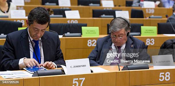 Brussels, Belgium, February 24; 2015. -- Portuguese Member of the European Parliament Carlos ZORRINHO and the Italian MEP Flavio ZANONATO are looking...