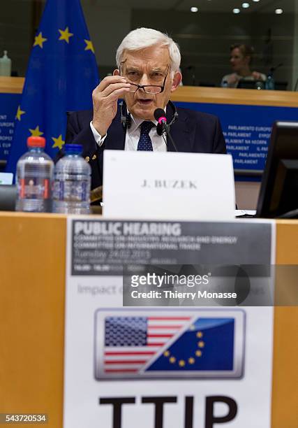 Brussels, Belgium, February 24; 2015. -- President of the Committee, Polish MEP Jerzy Buzek is listening during a Committee on Industry, Research and...