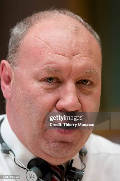 Brussels, Belgium, May 4, 2015. -- British MEP Derek Vaughan is reacting during a session of the Committee on budgetary control of the EP.