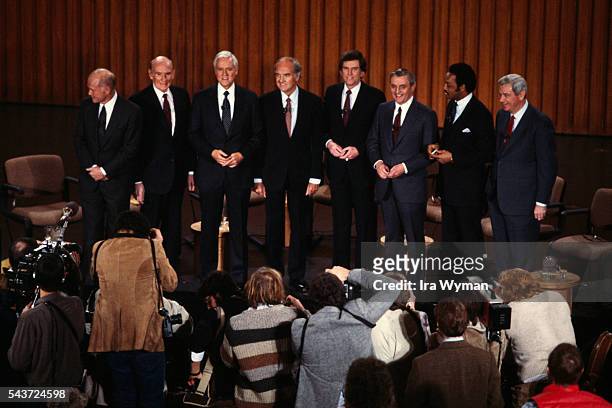 The eight Democratic candidates for the 1984 presidential election meet at Dartmouth College in Hanover, Massachusetts. Senators John Glenn, Alan...