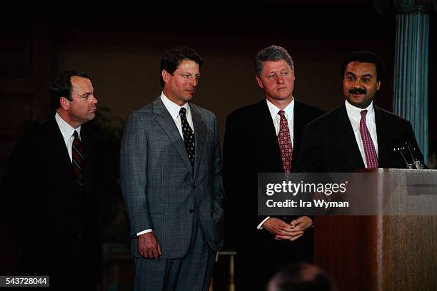 American President-elect Bill Clinton and his Vice President-elect Al Gore nominate members of the cabinet. : White House Chief of Staff Mac McLarty,...