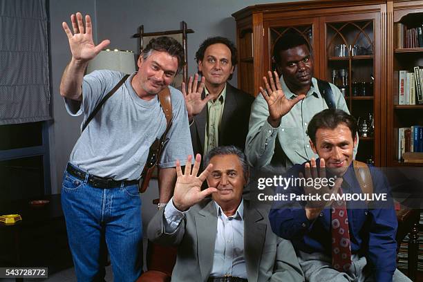 French actors Roger Hanin and Daniel Rialet; French actors Christian Rauth, Jean-Claude Caron and Jacques Martial on the set of the TV police series...