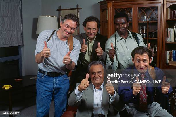 French actors Roger Hanin and Daniel Rialet, French actors Christian Rauth, Jean-Claude Caron and Jacques Martial on the set of the TV police series...