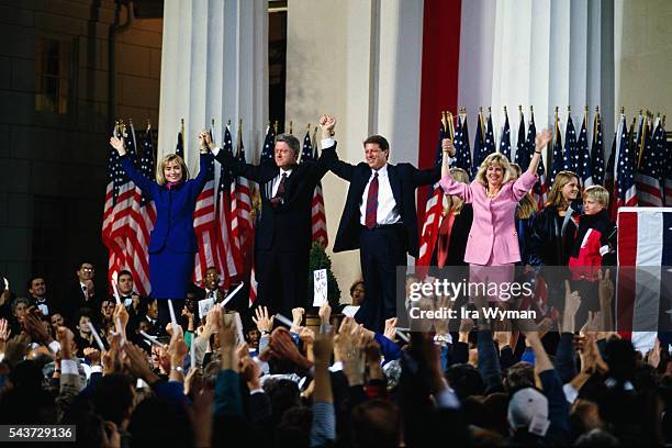 President-elect Bill Clinton celebrates his victory in the 1992 election. : Hillary Clinton, Bill Clinton, running mate and Vice-President Elect Al...
