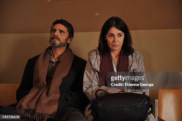 French actors Pascal Elbé and Zabou Breitman on the set of 24 jours, written and directed by Alexandre Arcady.