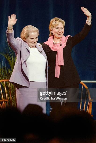 Madeleine Albright making a speech in the presence of H.Clinton at the Keohane sports center. Madeleine was a student here in 1959 and Hillary was...