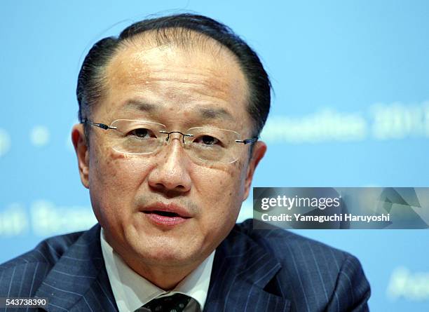 President of the World Bank Group Jim Yong Kim speaks during a news conference at the Annual Meetings of the IMF and the World Bank Group in Tokyo,...