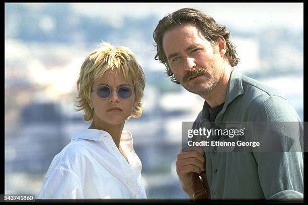 Actress Meg Ryan and Actor Kevin Kline on the set of the film French Kiss directed by Lawrence Kasdan.