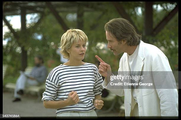 Actress Meg Ryan and Actor Kevin Kline on the set of the film French Kiss directed by Lawrence Kasdan.