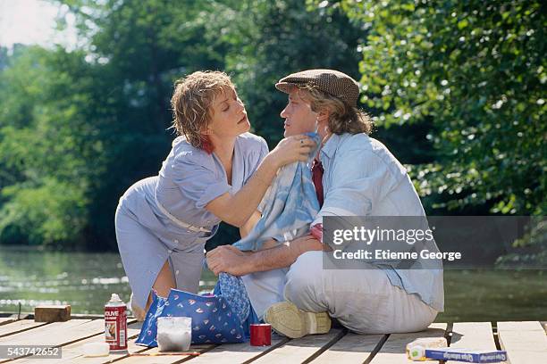 French actors Isabelle Huppert and Niels Arestrup on the set of the film "Signé Charlotte" directed by Caroline Huppert and sister of Isabelle. |...