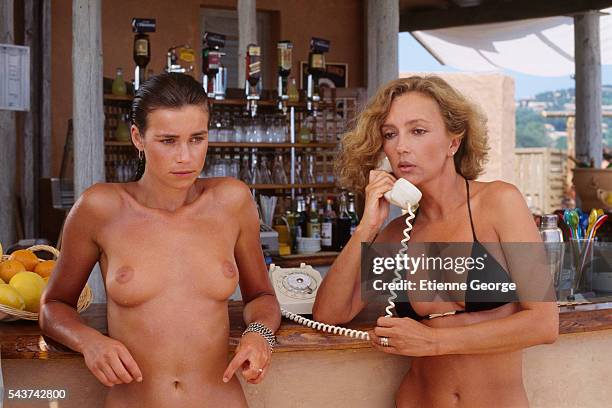 French actress Valerie Kaprisky and Caroline Cellier on the set of the film "L'Annee des meduses" , directed by English director Christopher Frank...