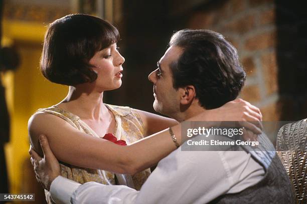 French actors Sabine Azéma and Pierre Arditi on the set of Melo, directed by Alain Resnais based on the Henri Bernstein play. Sabine Azéma won the...